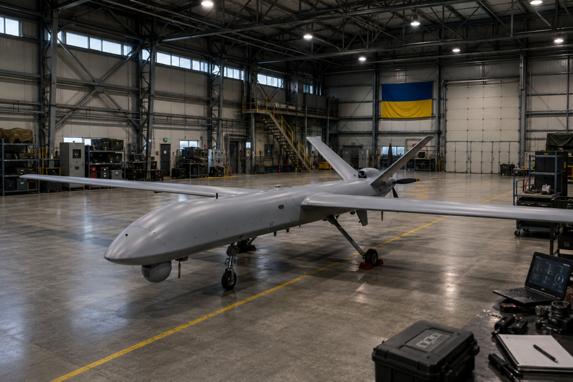 Великий сірий безпілотний літальний апарат літакового типу стоїть у просторому ангарі з прапором України на задньому плані