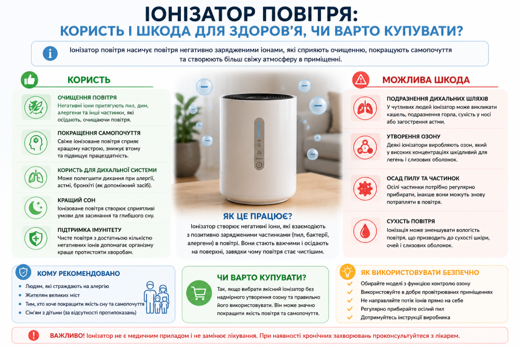 Інфографіка про принцип роботи іонізатора повітря, його користь і можливу шкоду для здоров'я, рекомендації щодо безпечного використання та поради щодо вибору