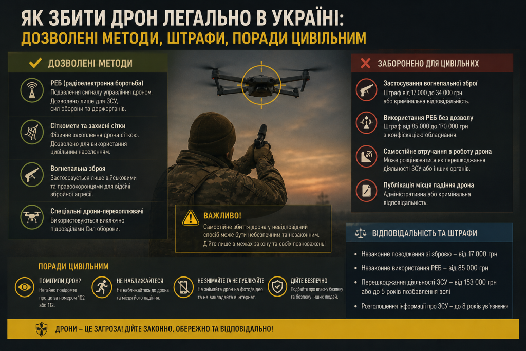 Інфографіка про дозволені та заборонені методи збиття дронів в Україні, штрафи за порушення та поради цивільному населенню