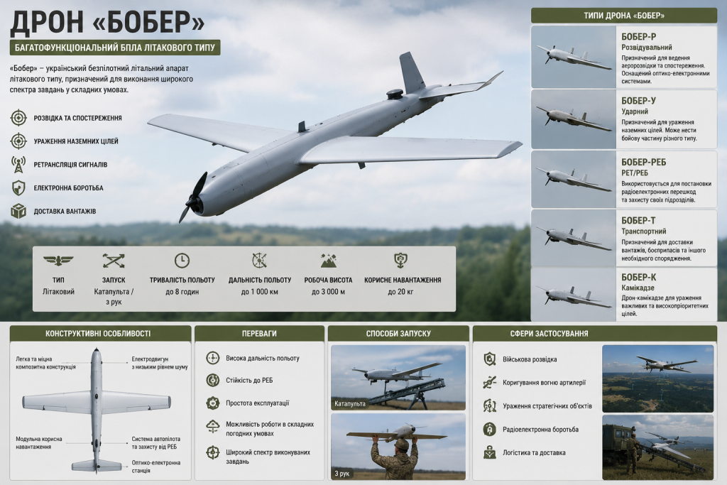 Інфографіка про український БПЛА «Бобер» з описом типів (розвідувальний, ударний, РЕБ, транспортний, камікадзе), технічними характеристиками, способами запуску та сферами застосування