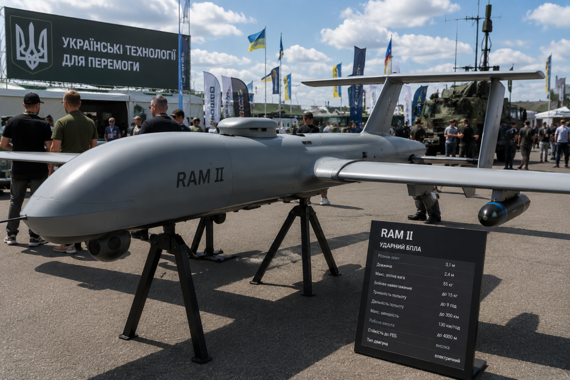 Великий сірий безпілотник RAM II на підставці з технічними характеристиками на відкритій військовій виставці під прапорами України