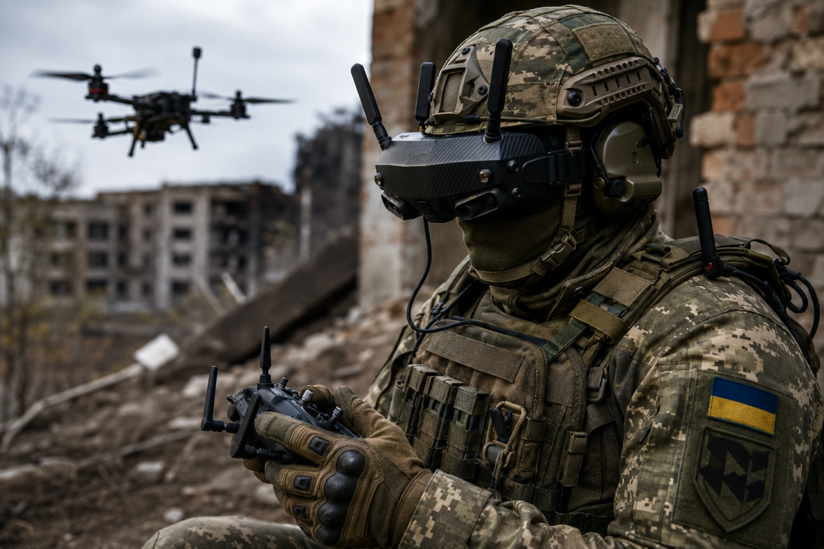 Боєць ЗСУ з нашивкою України у FPV-окулярах та пультом керування на тлі зруйнованої будівлі та дрона в небі