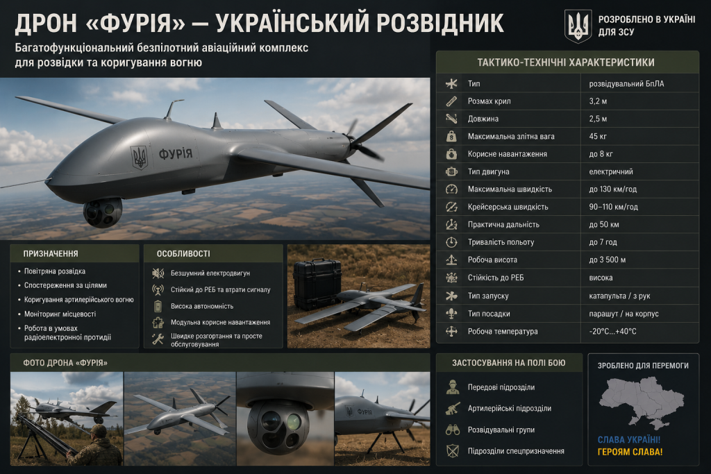 Інфографіка з повними тактико-технічними характеристиками, призначенням та особливостями українського розвідувального БпЛА «Фурія»
