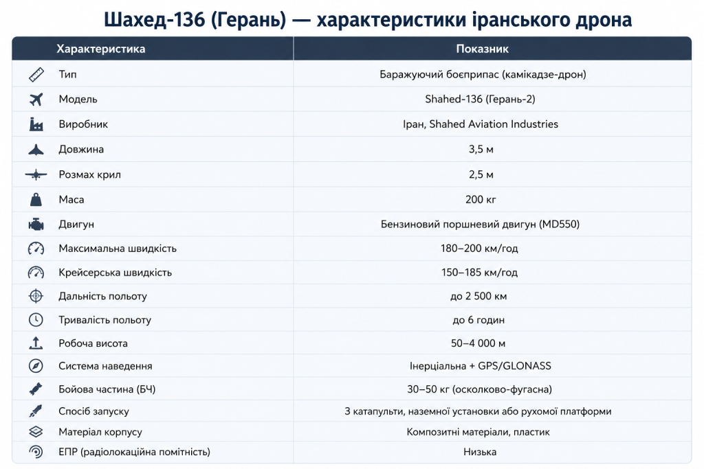 Таблиця з технічними характеристиками іранського баражуючого боєприпасу Shahed-136: довжина 3,5 м, розмах крил 2,5 м, маса 200 кг, дальність до 2500 км, система наведення GPS/GLONASS