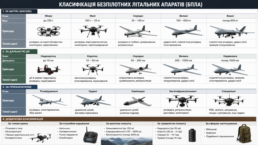 Повна таблична інфографіка класифікації БпЛА за масою, дальністю дії, призначенням та додатковими параметрами з прикладами та типовими завданнями