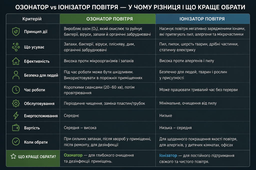 Порівняльна таблиця озонатора та іонізатора повітря за принципом дії, ефективністю, безпекою, вартістю та сферою застосування