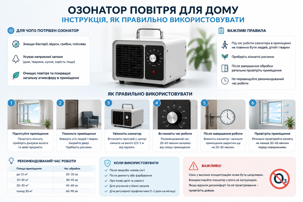 Інфографіка з покроковою інструкцією використання домашнього озонатора повітря, рекомендованим часом роботи та важливими правилами безпеки