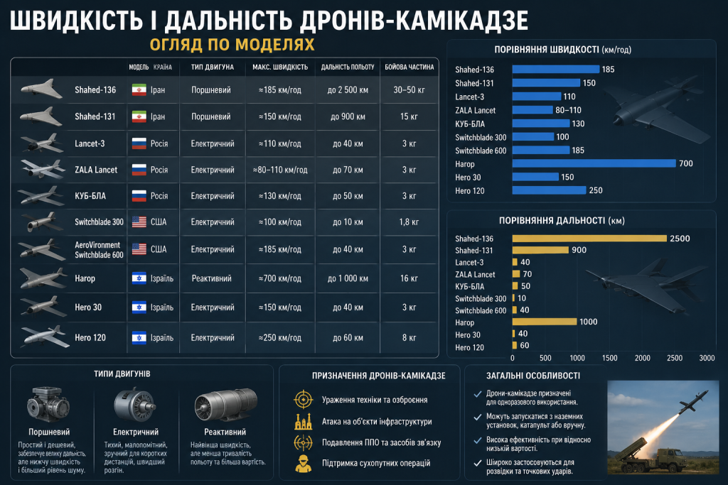 Інфографіка «Швидкість і дальність дронів-камікадзе» з порівняльними таблицями та графіками характеристик моделей Shahed, Lancet, Switchblade, Harop та інших