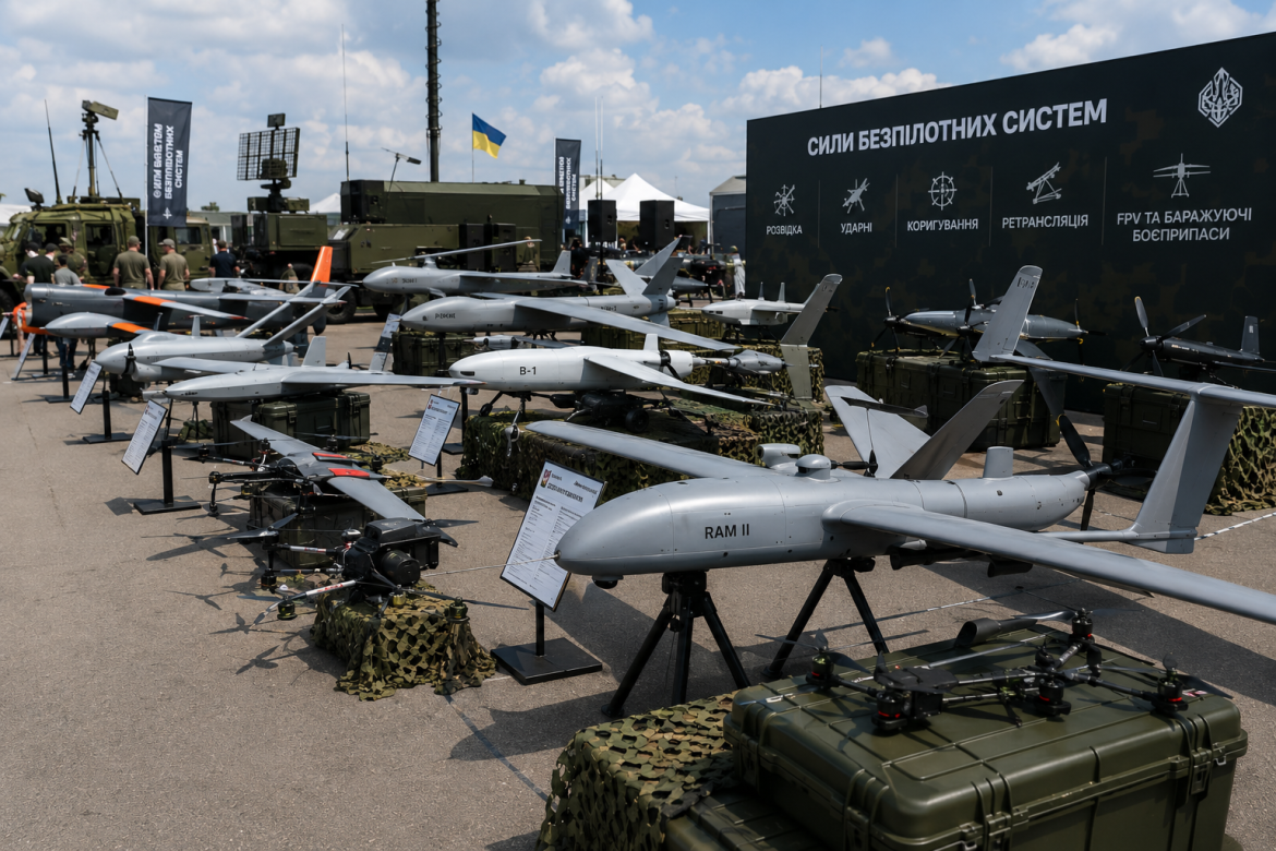 Різноманітні військові БпЛА, зокрема RAM II, розміщені на відкритій виставці Сил безпілотних систем під прапором України