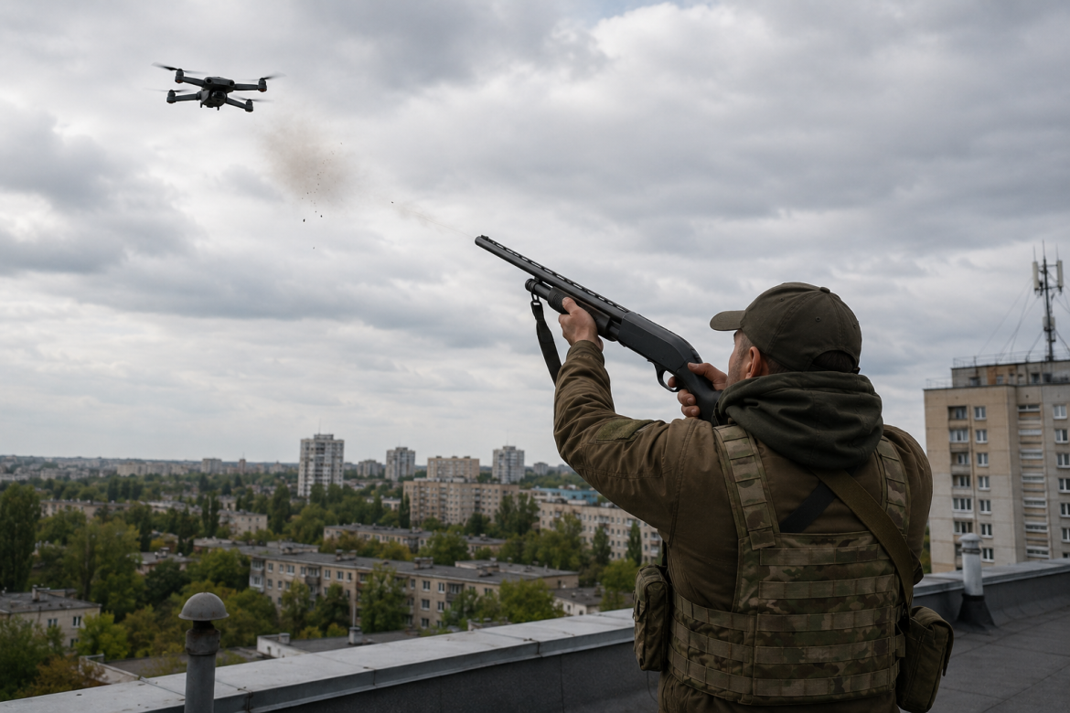 Військовий у бронежилеті стріляє з рушниці по дрону з даху багатоповерхівки на тлі міського пейзажу
