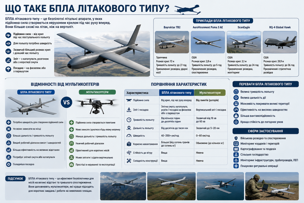Інфографіка «Що таке БПЛА літакового типу» з описом принципу дії, відмінностями від мультикоптерів, прикладами моделей Bayraktar TB2, ScanEagle, RQ-4 Global Hawk та сферами застосування