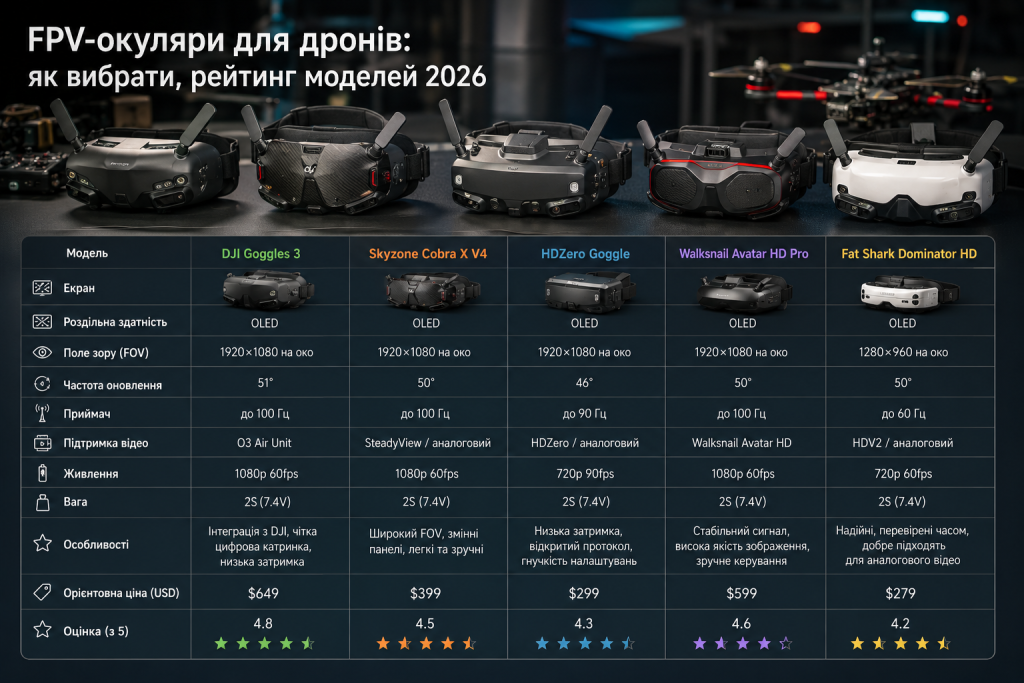 Порівняльна таблиця п'яти моделей FPV-окулярів для дронів з характеристиками, цінами та оцінками: DJI Goggles 3, Skyzone Cobra X V4, HDZero, Walksnail Avatar HD Pro, Fat Shark Dominator HD