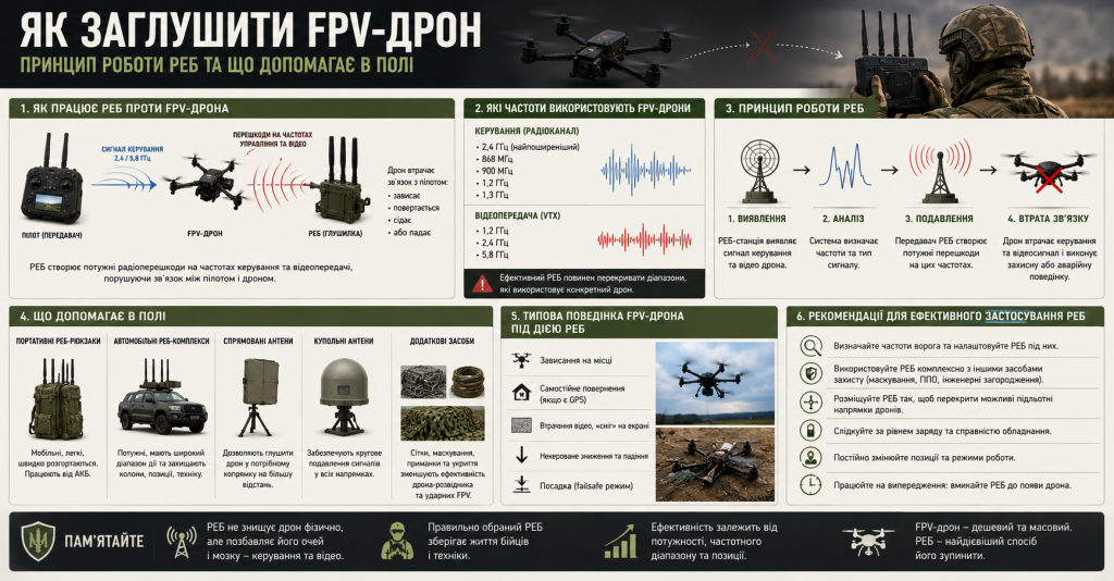 Інфографіка про принцип роботи радіоелектронної боротьби проти FPV-дронів, частоти глушіння, типи РЕБ-систем та рекомендації щодо їх застосування