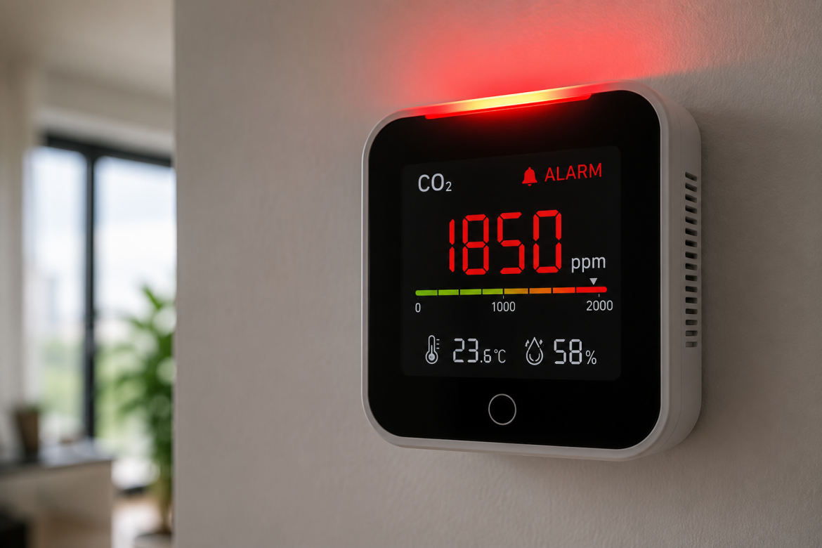 Електронний датчик CO₂ із червоним попередженням про високий рівень вуглекислого газу