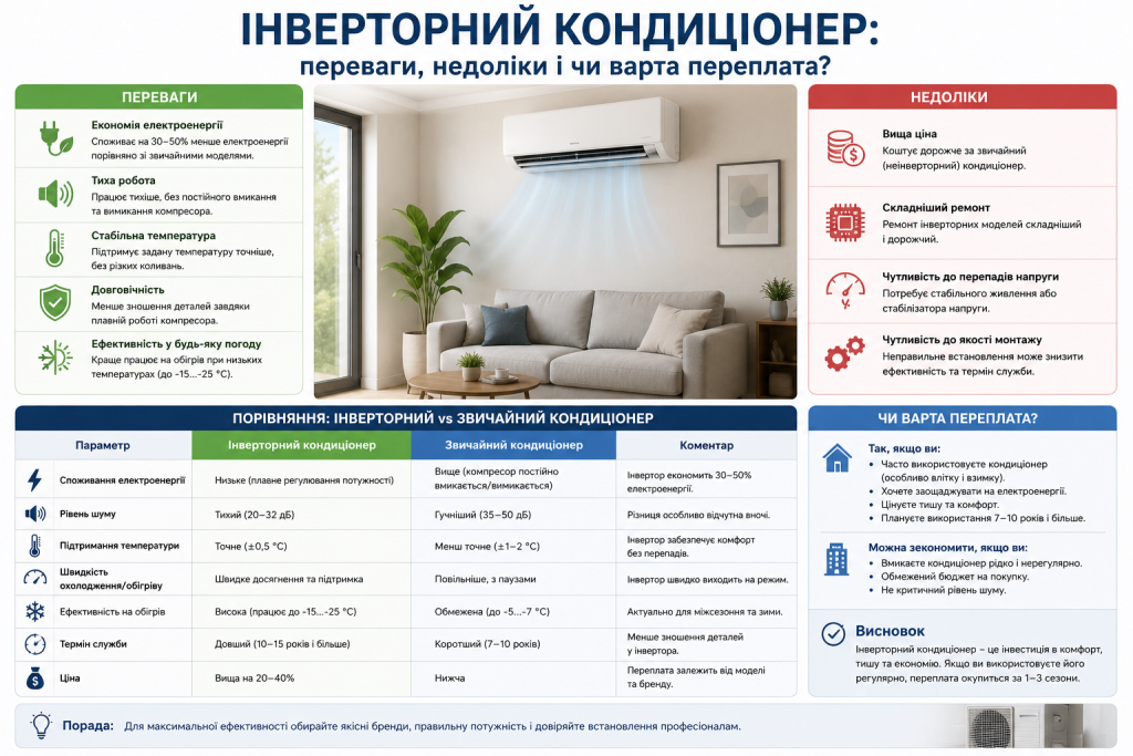 Інфографіка про інверторний кондиціонер з перевагами, недоліками та порівнянням зі звичайною моделлю.