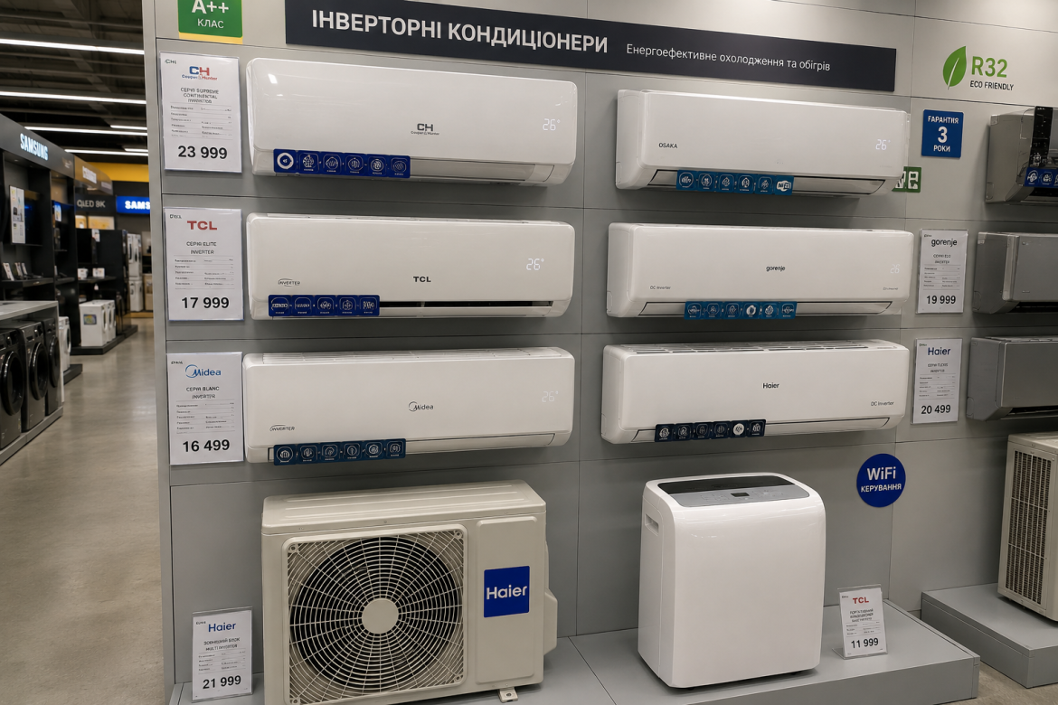 Вітрина магазину з різними моделями інверторних кондиціонерів.