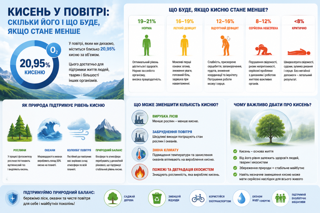 Інфографіка про вміст кисню в повітрі, наслідки його зменшення, природні джерела кисню та фактори, що впливають на його кількість.