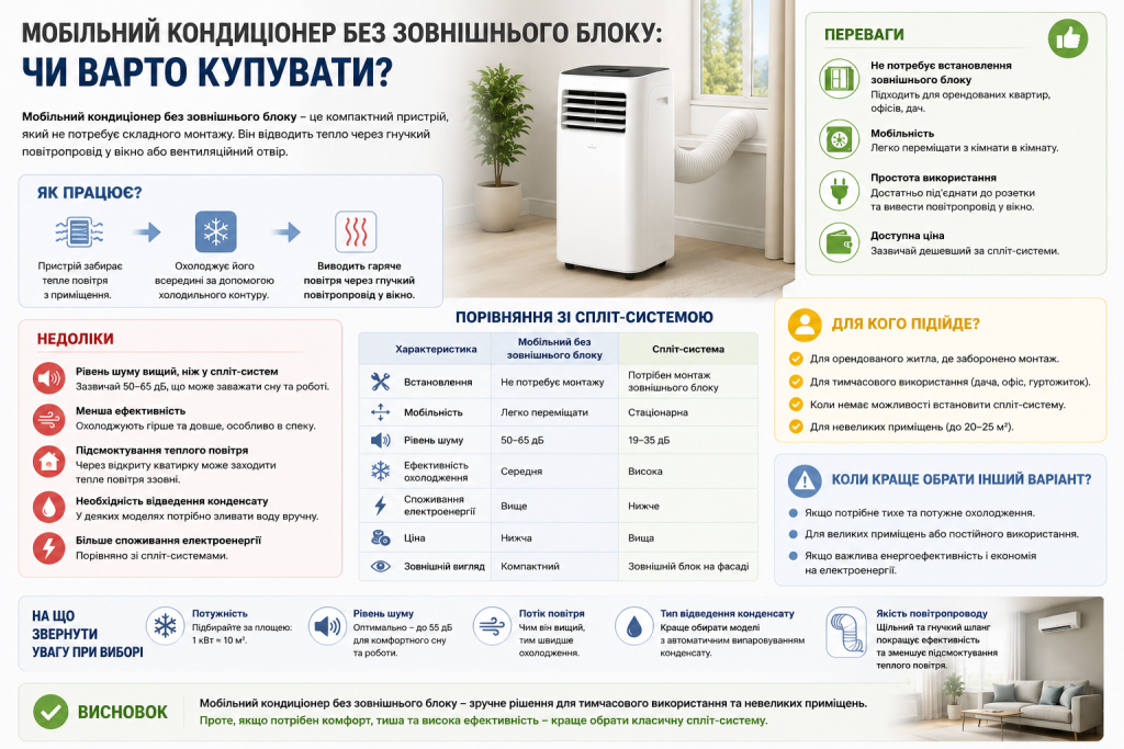 Інфографіка про мобільний кондиціонер без зовнішнього блоку, його особливості, переваги, недоліки та порівняння зі спліт-системою.
