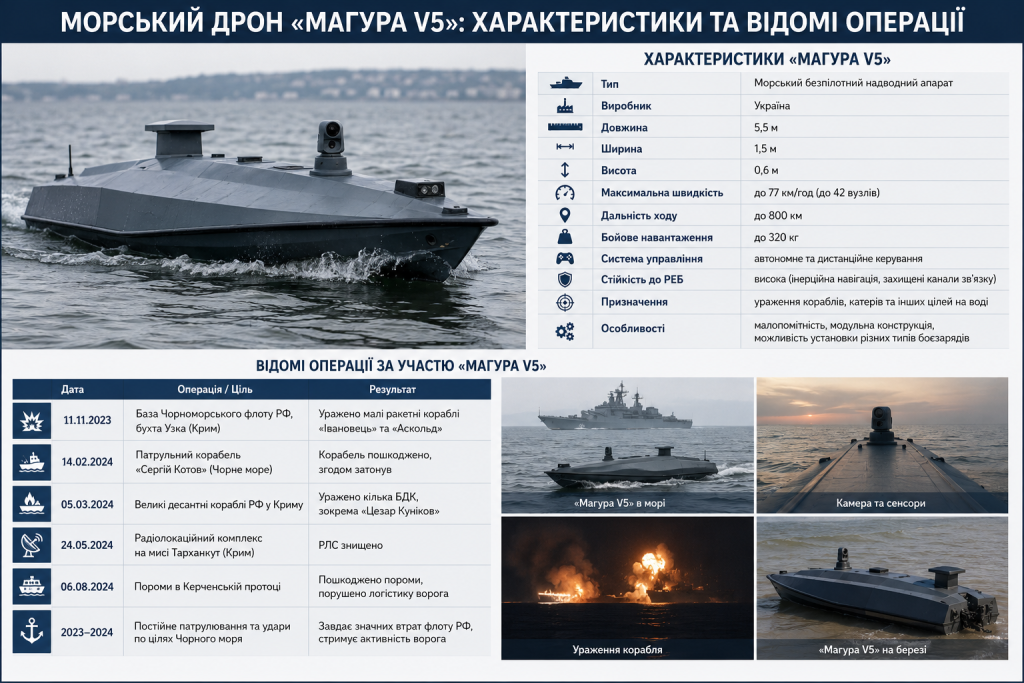 Інфографіка про морський безпілотний дрон Magura V5 з технічними характеристиками та прикладами бойового застосування.