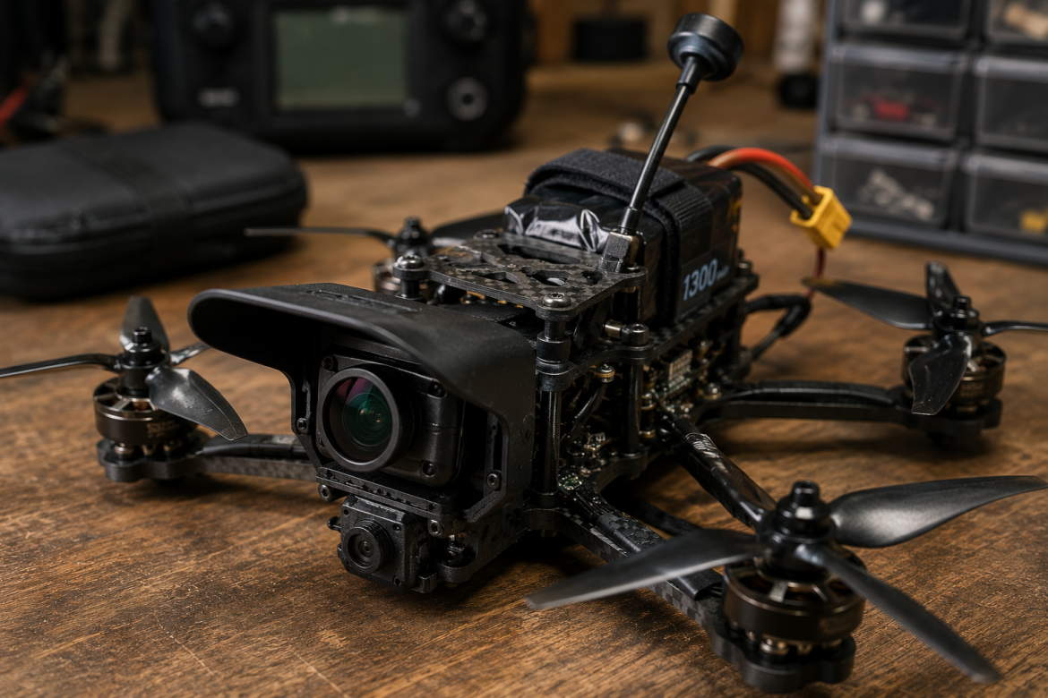 Бойовий FPV-дрон на карбоновій рамі з широкофутовою камерою та нічною камерою знизу, акумулятором 1300 мАг та антеною на дерев'яному столі