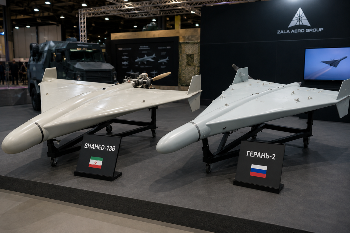 Дрони Shahed-136 та «Герань-2», розміщені поруч на виставці військової техніки.