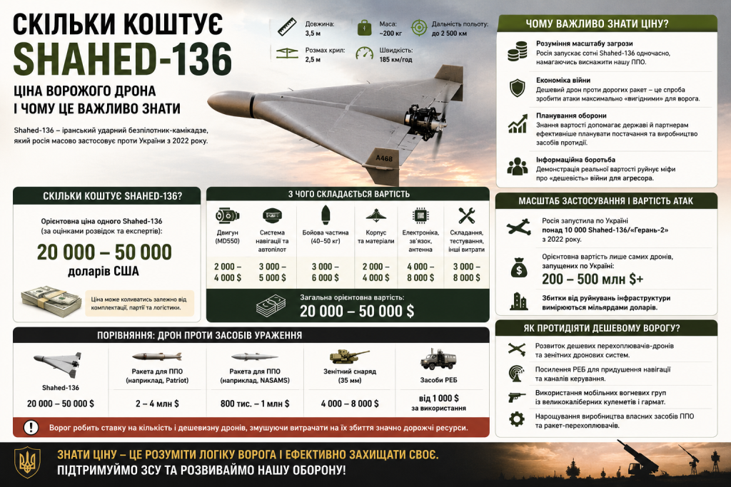 Інфографіка про вартість дрона Shahed-136, його характеристики та складові ціни