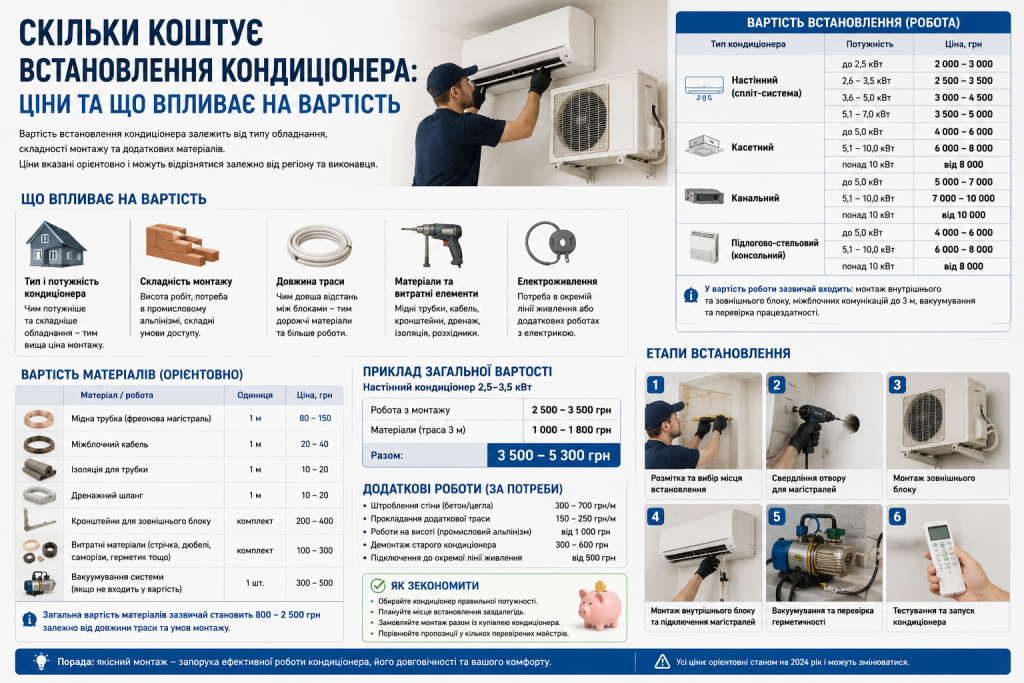 Інфографіка про вартість монтажу кондиціонера, етапи встановлення та чинники ціни