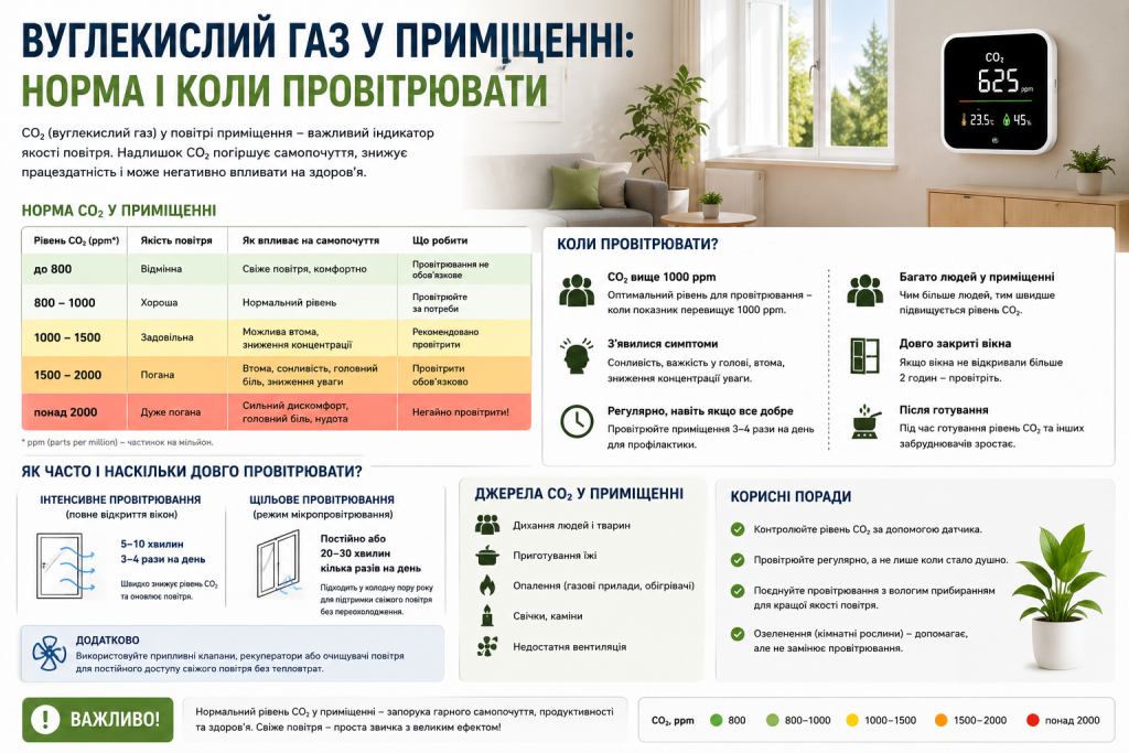Інфографіка про рівні CO₂ у приміщенні, норми, симптоми та рекомендації щодо провітрювання