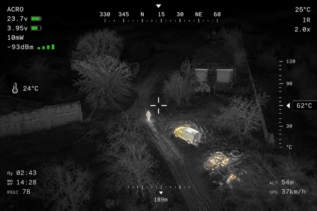 Знімок з тепловізора FPV-дрона в режимі нічного бачення IR з висоти 54 м: силует людини та автомобіль відображаються у жовто-золотих тонах на темному тлі з телеметрією на екрані
