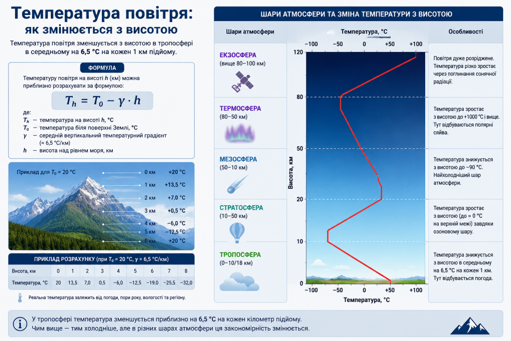 Інфографіка про зміну температури повітря з висотою в різних шарах атмосфери з формулою та графіком