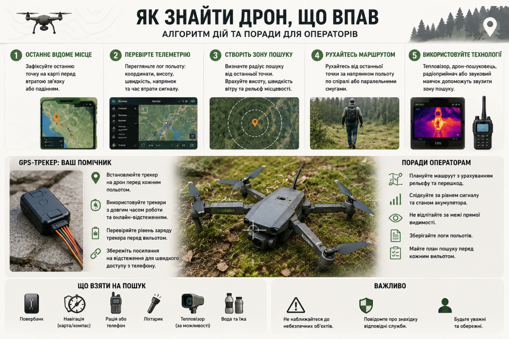 Інфографіка з покроковим алгоритмом пошуку дрона, що впав, та порадами для операторів