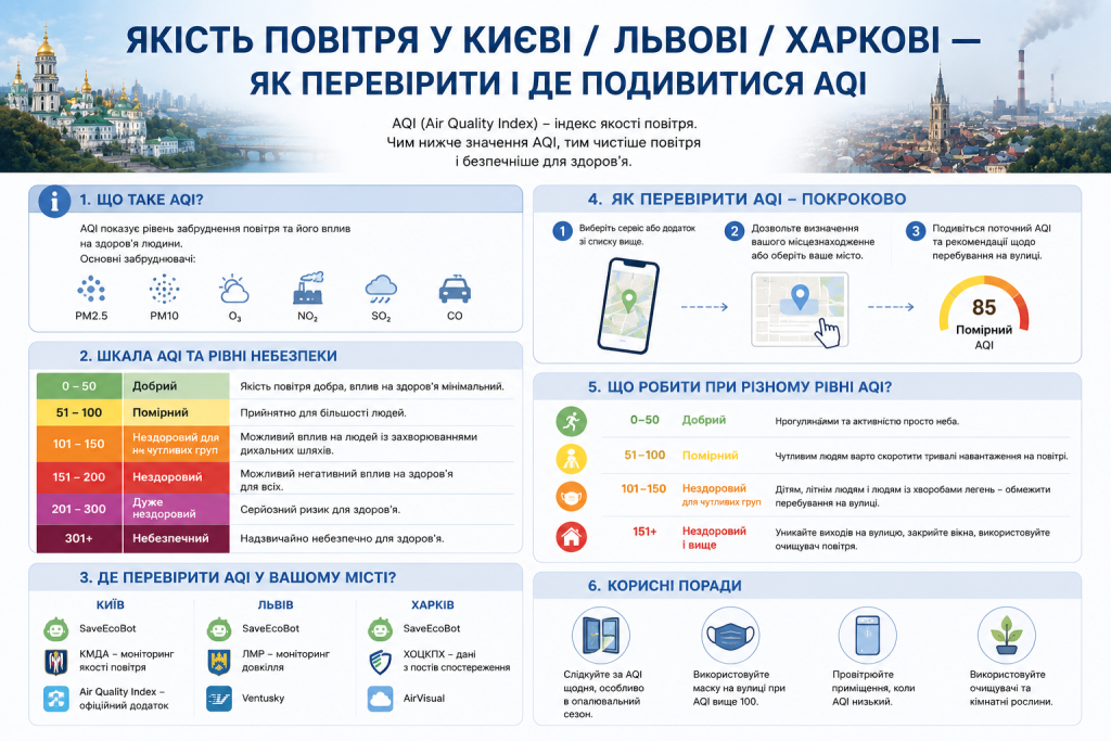 Інфографіка: шкала AQI від 0 до 301+, де перевірити якість повітря у Києві, Львові та Харкові, покрокова інструкція перевірки та поради при різних рівнях забруднення