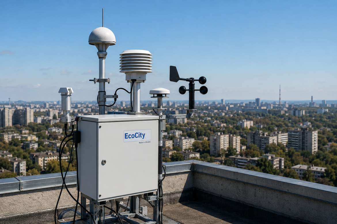 Метеорологічна станція EcoCity виробництва України з датчиками для вимірювання якості повітря та анемометром на даху висотної будівлі на тлі міського пейзажу