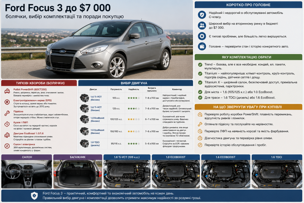 Інфографіка Ford Focus 3 з вибором двигуна, комплектації, типовими проблемами та порадами покупцю