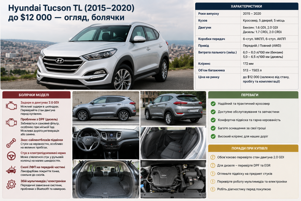 Інфографіка Hyundai Tucson TL 2015–2020 з характеристиками, перевагами та типовими проблемами
