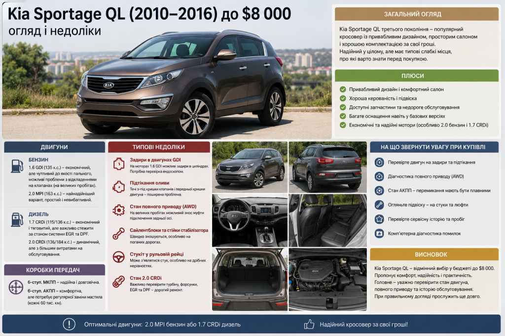 Інфографіка Kia Sportage QL з двигунами, типовими недоліками та порадами перед купівлею