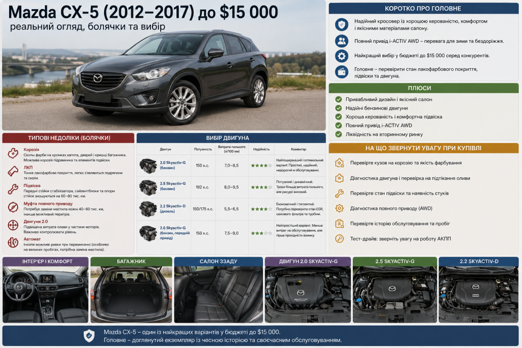 Інфографіка Mazda CX-5 2012–2017 з двигунами, типовими недоліками та рекомендаціями