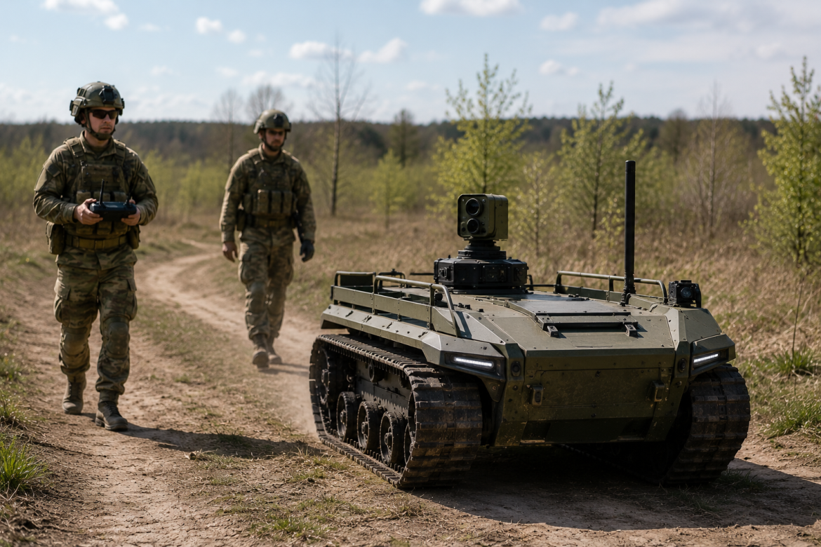 Військовий оператор керує гусеничним наземним роботом під час випробувань на польовій місцевості