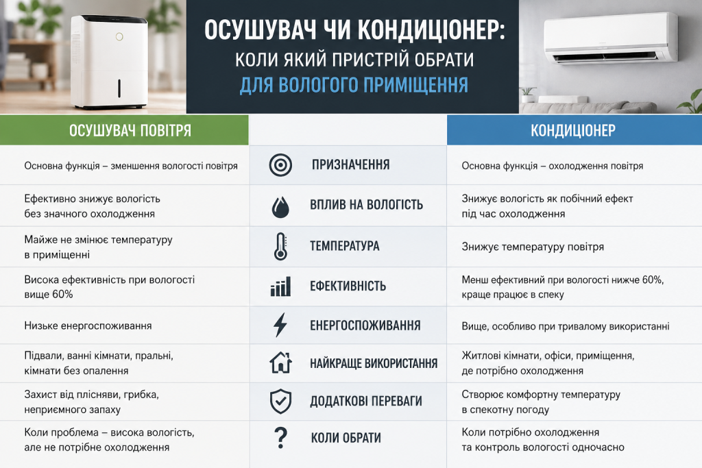 Порівняльна таблиця осушувача повітря та кондиціонера за функціями, ефективністю, енергоспоживанням і призначенням