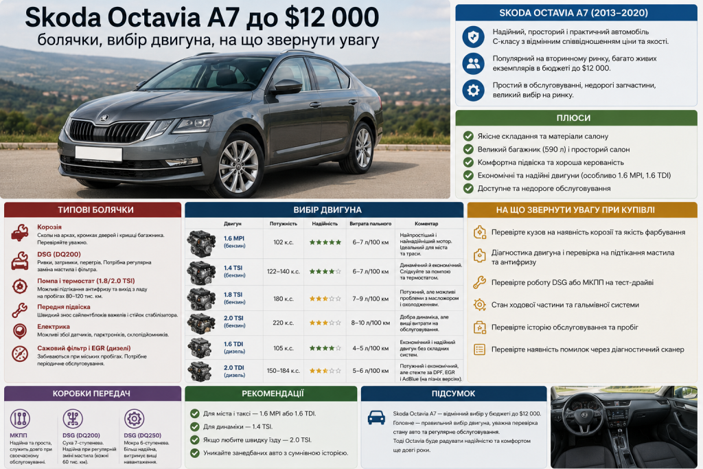 Інфографіка Skoda Octavia A7 з типовими проблемами, вибором двигуна та порадами перед купівлею