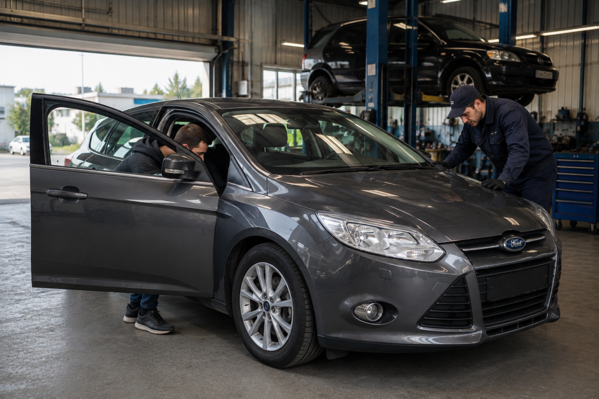 Механік і власник перевіряють Ford Focus 3 на станції технічного обслуговування