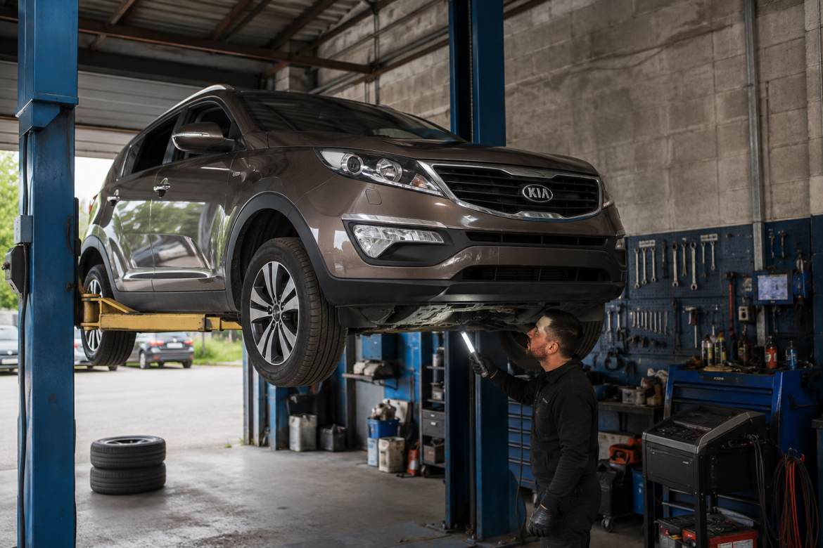 Механік оглядає Kia Sportage на автомобільному підйомнику в сервісному центрі