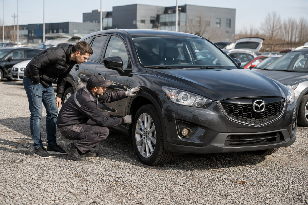 Покупець і механік оглядають кузов та колеса Mazda CX-5 на майданчику вживаних автомобілів