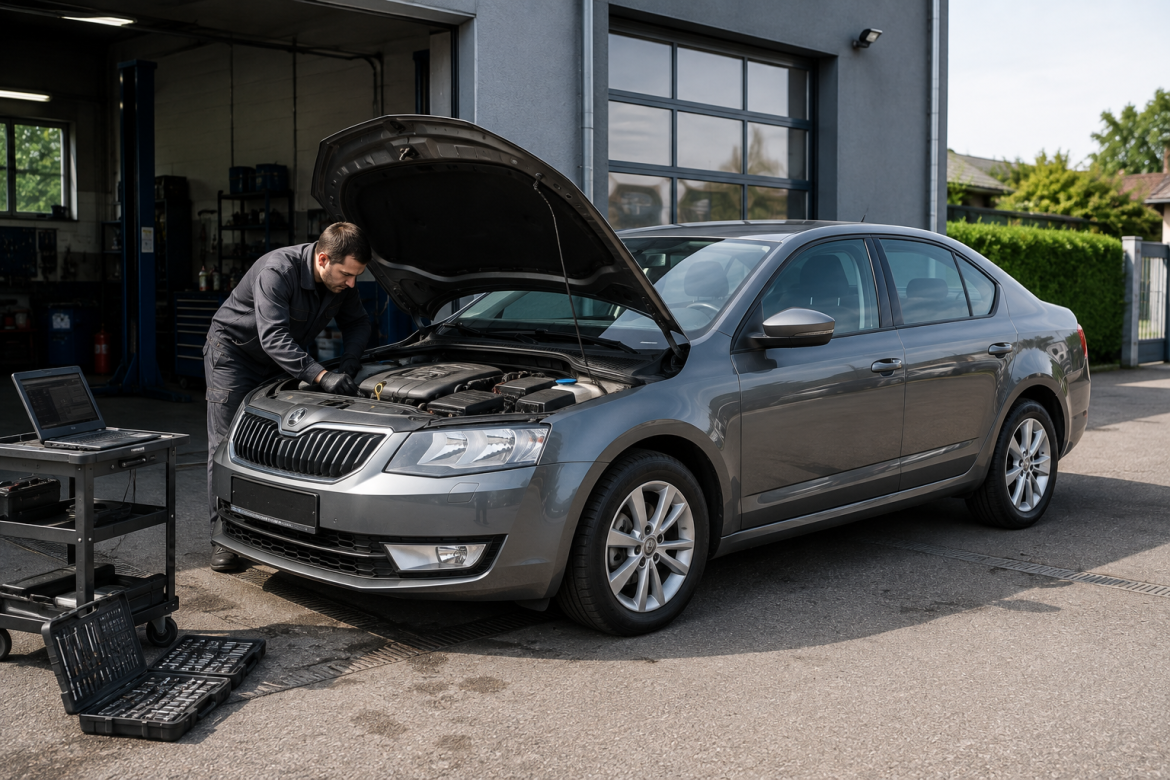 Механік перевіряє Skoda Octavia A7 з відкритим капотом перед купівлею