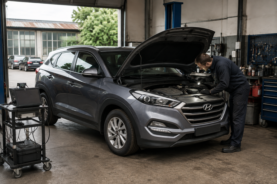 Механік перевіряє Hyundai Tucson TL з відкритим капотом на станції технічного обслуговування