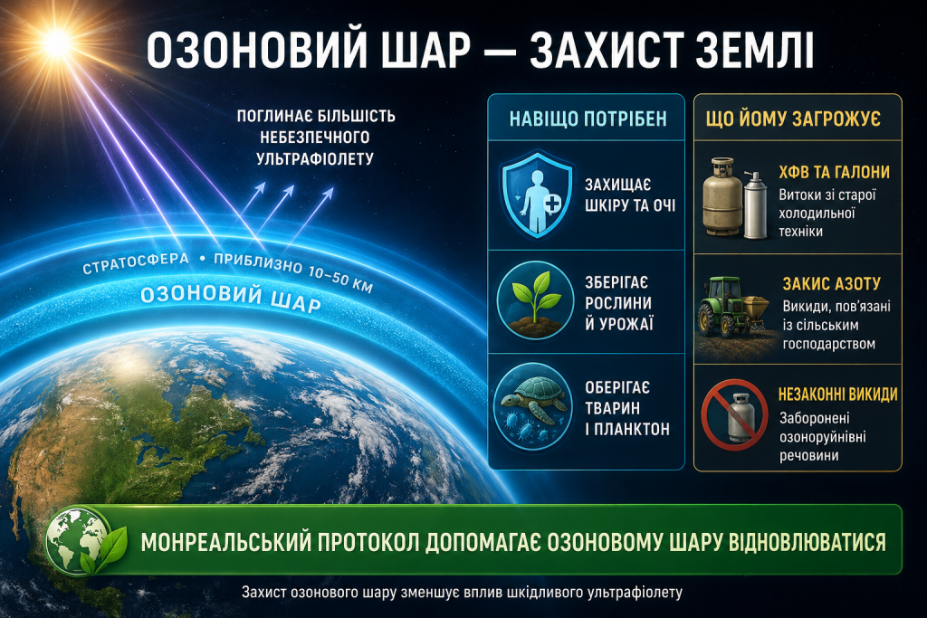 Інфографіка про розташування озонового шару, його захисну функцію, причини руйнування та вплив ультрафіолету