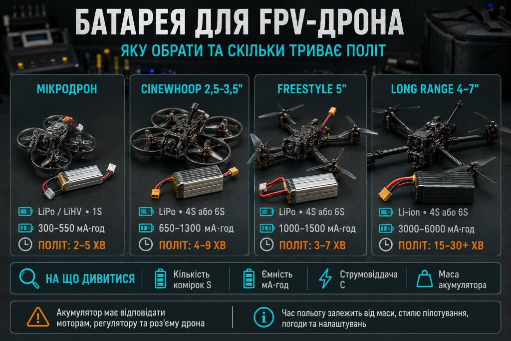 Інфографіка про вибір акумулятора для FPV-дрона за напругою, ємністю, кількістю комірок, вагою та струмом розряду