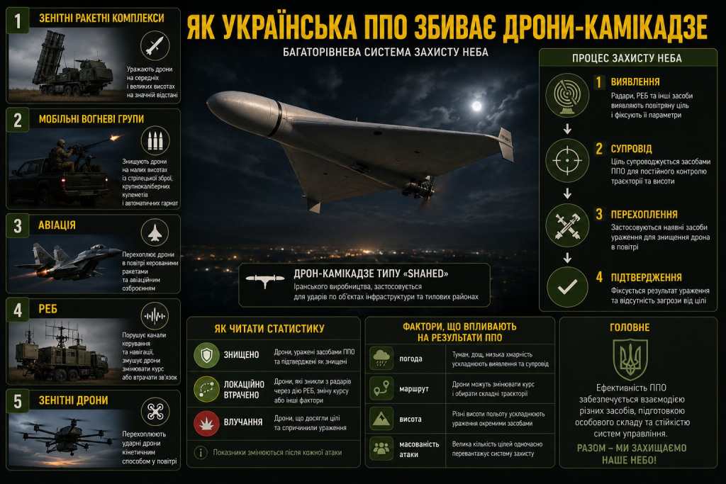 Інфографіка про засоби протиповітряної оборони України для виявлення, супроводу та перехоплення дронів-камікадзе