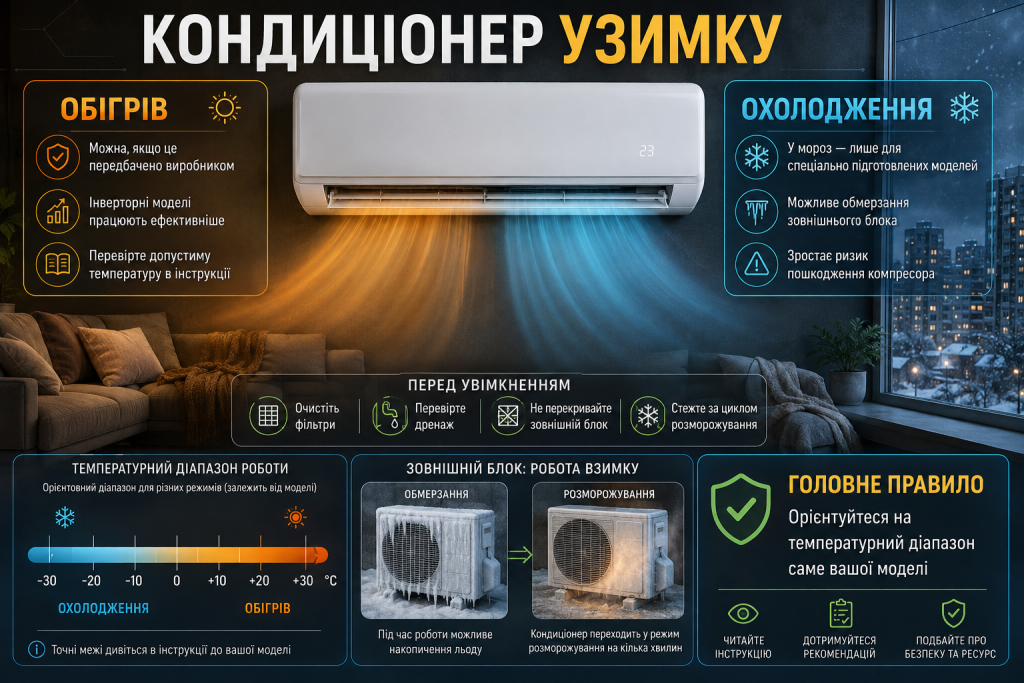 Інфографіка про роботу кондиціонера взимку в режимах обігріву та охолодження, температурні обмеження й розморожування
