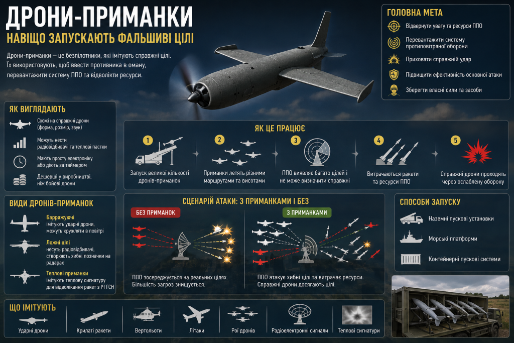 Інфографіка про дрони-приманки, їхні види, способи застосування та принцип відволікання протиповітряної оборони